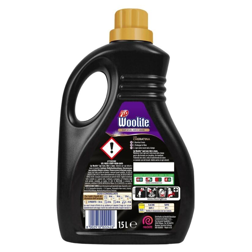 Lip Woolite Detersivo Lavatrice Capi Scuri, Neri e Jeans 25 Lavaggi, 4 confezioni da 1500 ml di Detersivo Lavatrice Liquido Capi Scuri con Cheratina