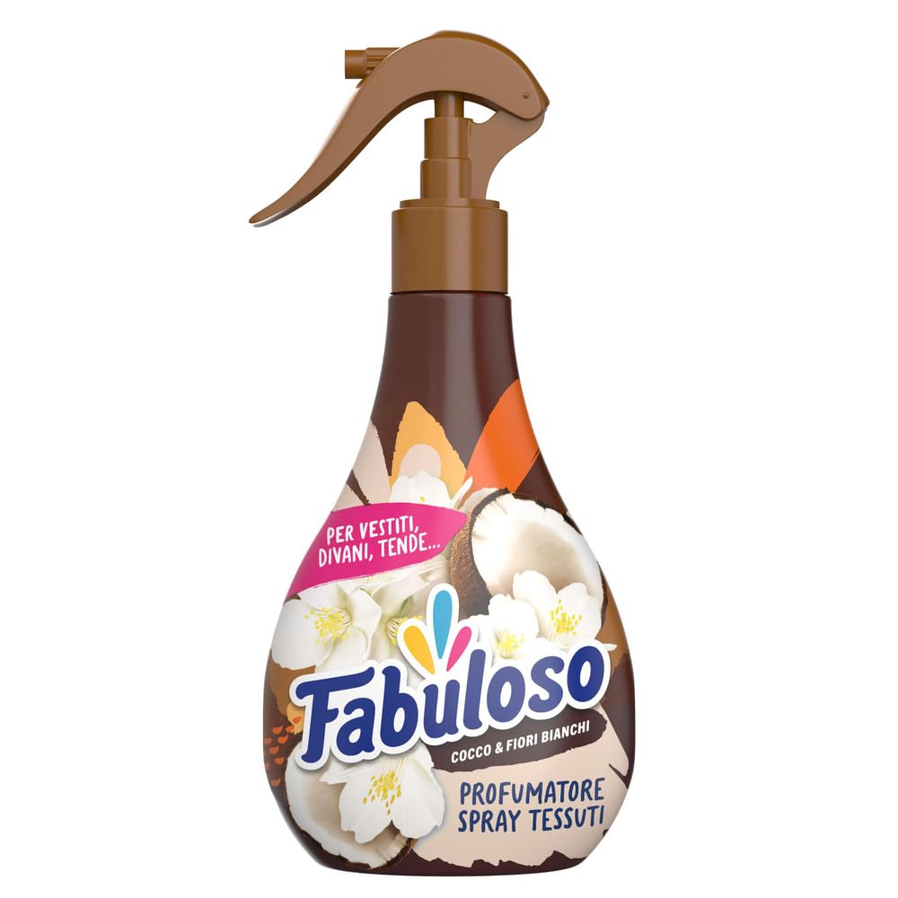 Fabuloso Spray Profumatore per Tessuti Cocco e Fiori Bianchi 250 ml, Profumatore per Tessuti, Rinfresca i Capi, Spruzzo Sottile e Uniforme, Utilizzabile su Capi e Tessuti Bagnati