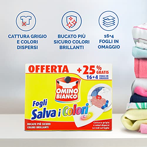 Omino Bianco - Fogli Salva Colore, Struttura a Nido d'Ape, Catturano il Grigio e i Colori Dispersi nel Lavaggio, 16 Pezzi + 4 Omaggio