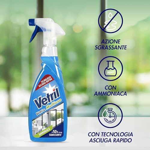 Vetril - Detergente Spray Vetri e Superfici con Antipolvere, Azione Antistatica e Brillantezza Senza Aloni, Ipoallergenico, 650 ml
