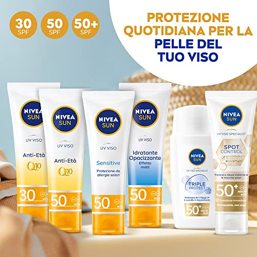 NIVEA SUN UV Viso Anti-Età FP 30 in tubetto da 50 ml, Crema viso antirughe con Coenzima Q10, Crema solare viso 30 per uso giornaliero ad azione anti-età ed antimacchia