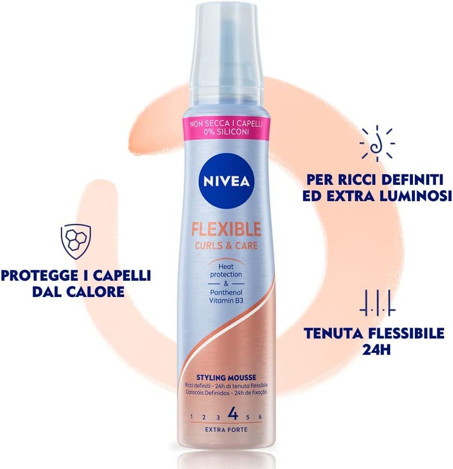NIVEA Styling Mousse Flexible Curls&Care 4 x 150 ml, Spuma capelli ricci Extra Strong, Schiuma capelli con Vitamina B3, Mousse ricci che dona luminosità e morbidezza