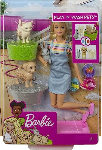 Barbie Cuccioli Cambia Colore, Playset con Bambola e Due Cuccioli Che Cambiano Colore con l'Acqua, Giocattolo per Bambini 3+ Anni, FXH11