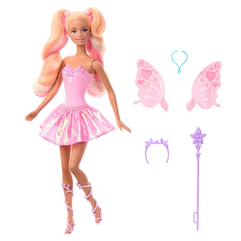 Barbie - Fata con bacchetta stellata, bambola a tema fantasy con capelli bondi, ali e outfit cambia colore in acqua calda e fredda, giocattolo per bambini, 3+ anni, JCP76