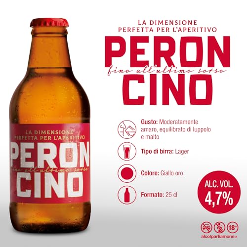 Peroncino Cassa con 24 Birre in Bottiglia da 25 cl, 6 L, Birra Lager con Malto 100% Italiano dal Gusto Moderatamente Amaro, Gradazione Alcolica 4.7% Vol