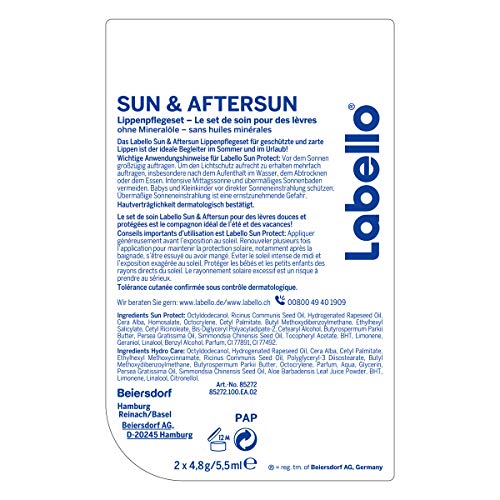 Labello Bipack Sun Protect SPF30 e Hydro Care SPF15 2 x 4.8 g, Burrocacao labbra in confezione doppia, Duo con burrocacao protezione solare idratante e balsamo labbra con filtri UVA/UVB