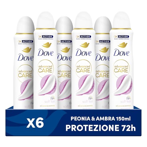 Dove Deodorante Spray Advanced Care Soft Feel, con Formula Idratante e Delicata sulla Pelle, Senza Alcol, Pelle Asciutta Fino a 72 Ore, Deodorante Uomo e Donna, 6 Pezzi da 150ml