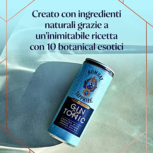 Bombay Sapphire Premium Gin & Tonic, Vol. 6,5%, 12 x 25 cl / 250 ml, cocktail pronto da bere premiscelato in lattina, London Dry Gin infuso al vapore, aromi naturali e acqua tonica premium