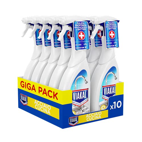 Viakal Anticalcare Detersivo Spray per Cucina, 10 Confezioni (10 x 515 ml), Adatto per Acciaio, Rimuove Sporco e Batteri, Azione Totale Sul Calcare, Brillantezza Duratura, Maxi Formato