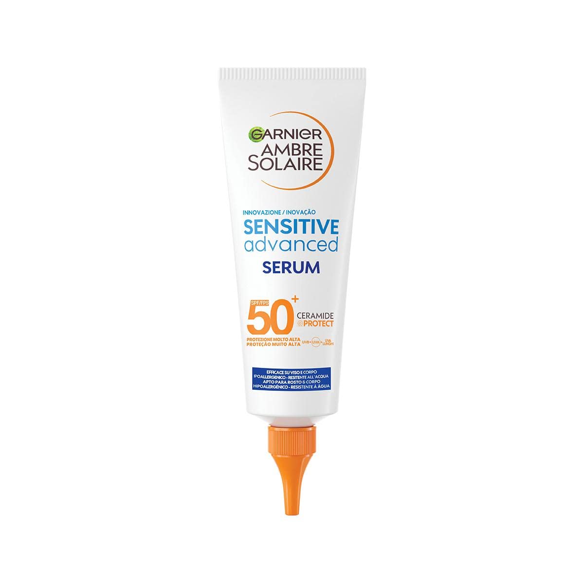 Garnier Siero Corpo Protettivo Sensitive Advanced, Per Pelli Sensibili, Protezione SPF 50+, Resistente All'Acqua, Con x2 Ceramidi, Ambre Solaire, 125 ml