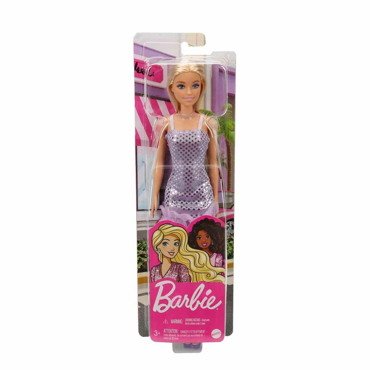 Barbie® Bambola, Giocattoli per bambini, Capelli biondi, Mini abito metallico lavanda, Abbigliamento e accessori alla moda, Regali per bambini