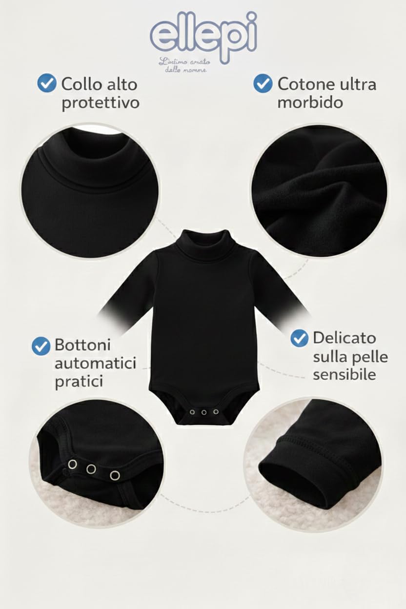 Ellepi Body Lupetto Neonato e Bambino – Caldo Cotone per l’Inverno Colore Nero