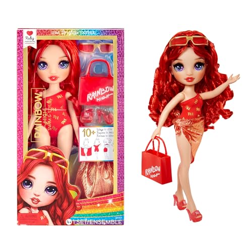 Rainbow High Fashion Doll con Slime & Animale - Ruby (Rosso) - Bambola Scintillante da 28 cm con Slime Scintillante, Animale Magico e Accessori Moda - età 4-12 Anni