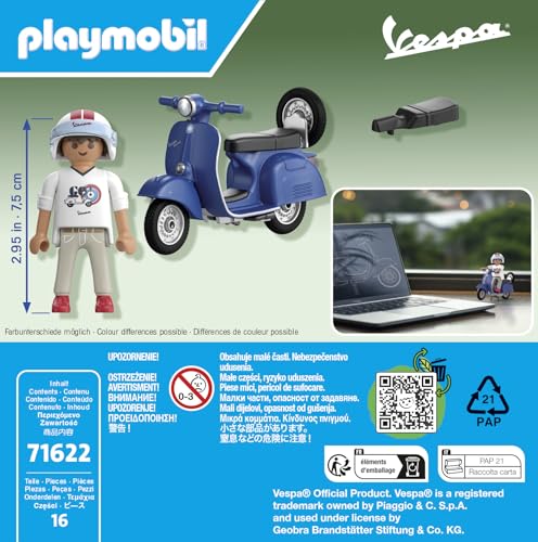 PLAYMOBIL Cars 71622 1969 Vespa 150 Sprint Veloce, blu, modello fedele per collezionisti e appassionati, comprende accessori versatili e ruota di ricambio removibile