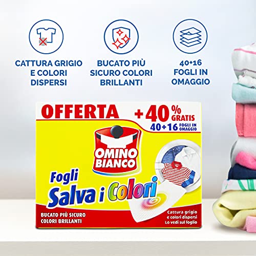 Omino Bianco - Fogli Salva Colore, Struttura a Nido d'Ape, Catturano il Grigio e i Colori Dispersi nel Lavaggio, 40 Pezzi + 16 Omaggio