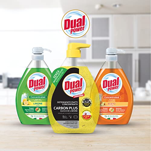 Dual Power Carbon Plus, Detergente Piatti Concentrato con Succo di Limone ad Elevato Potere Sgrassante, Ideale per Stoviglie Incrostate, Senza Microplastiche, Made in Italy