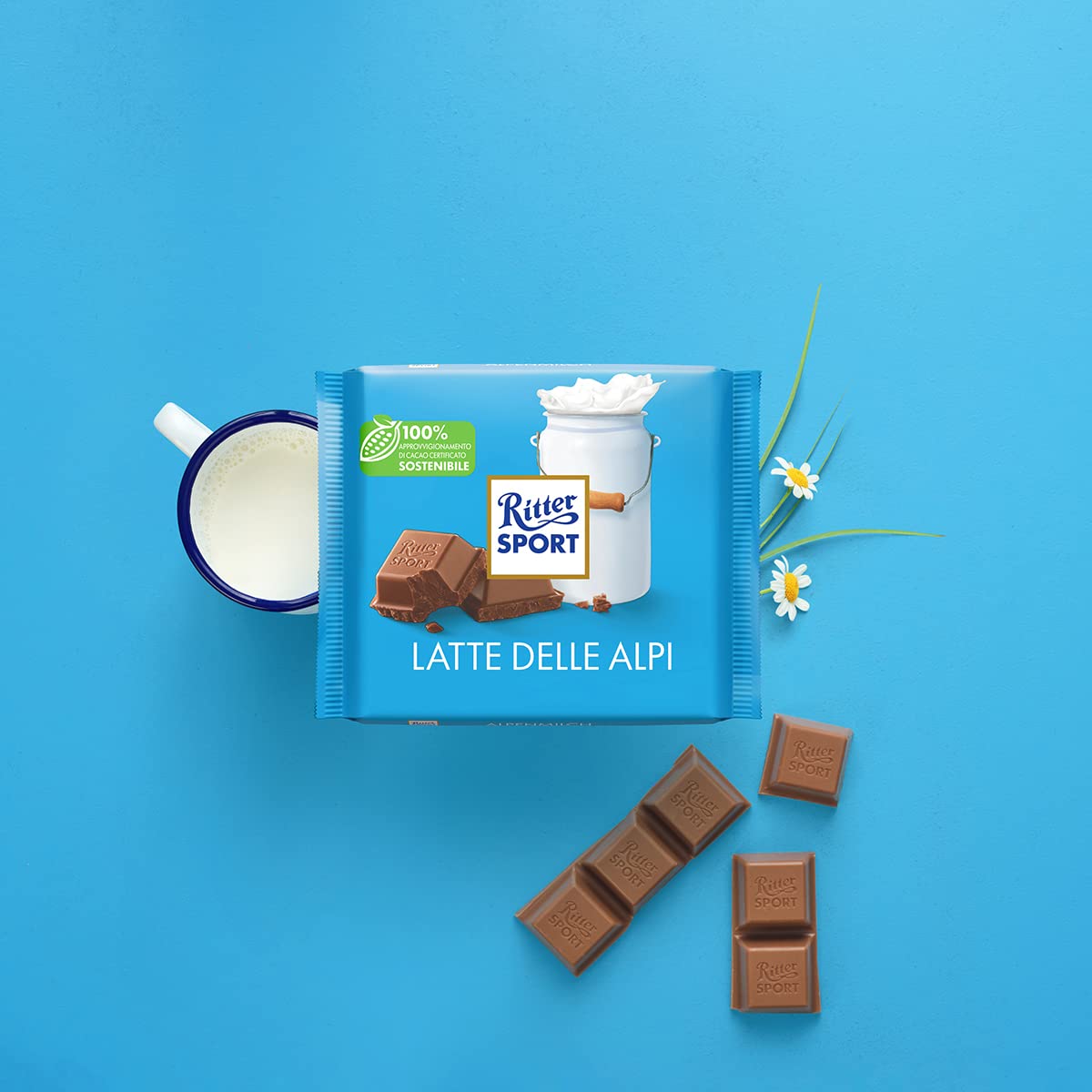 RITTER SPORT Latte delle Alpi, Tavoletta di Cioccolato Al Latte di Altissimo Livello, Sapore Di Caramello e Miele