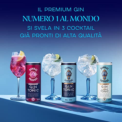 Bombay Sapphire Premium Gin & Tonic, Vol. 6,5%, 12 x 25 cl / 250 ml, cocktail pronto da bere premiscelato in lattina, London Dry Gin infuso al vapore, aromi naturali e acqua tonica premium