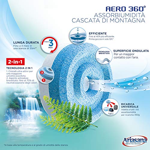 Ariasana Aero 360 Ricarica TAB Cascata di Montagna per dispositivo Ariasana Aero 360° kit, Assorbi umidità al profumo naturale contro umidità e cattivi odori, Ariasana ricarica TAB 1 da 450g
