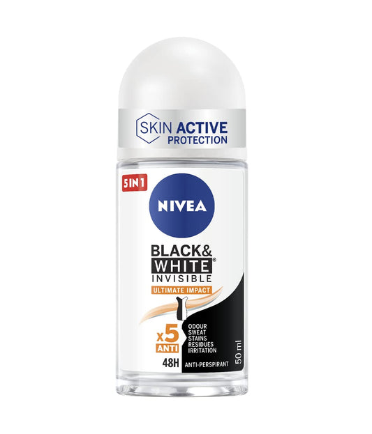 NIVEA Black & White Black Invisible Ultimate Impact Deodorante roll on da 50 ml, Deodorante donna antitraspirante 48h, Formula profumata che regola la traspirazione