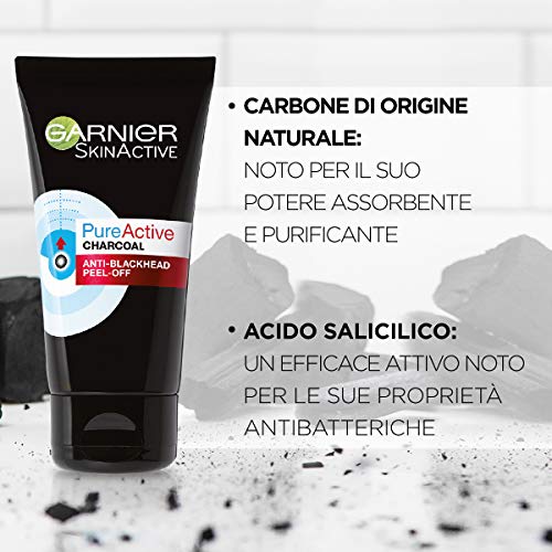 Garnier Maschera Peel-Off Pure Active Charcoal, Gel Detergente Arricchito con Carbone e Acido Salicidico, per La Zona T, Anti Imperfezioni e Punti Neri, 50ml