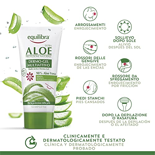 equilibra Corpo, Aloe Dermo-Gel, Gel Lenitivo a Base di Aloe Vera, Crema Corpo per Arrossamenti, Sollievo Dopo Sole, Post Depilazione o Rasatura, Rossori Gengive, Piedi Stanchi, 150 ml