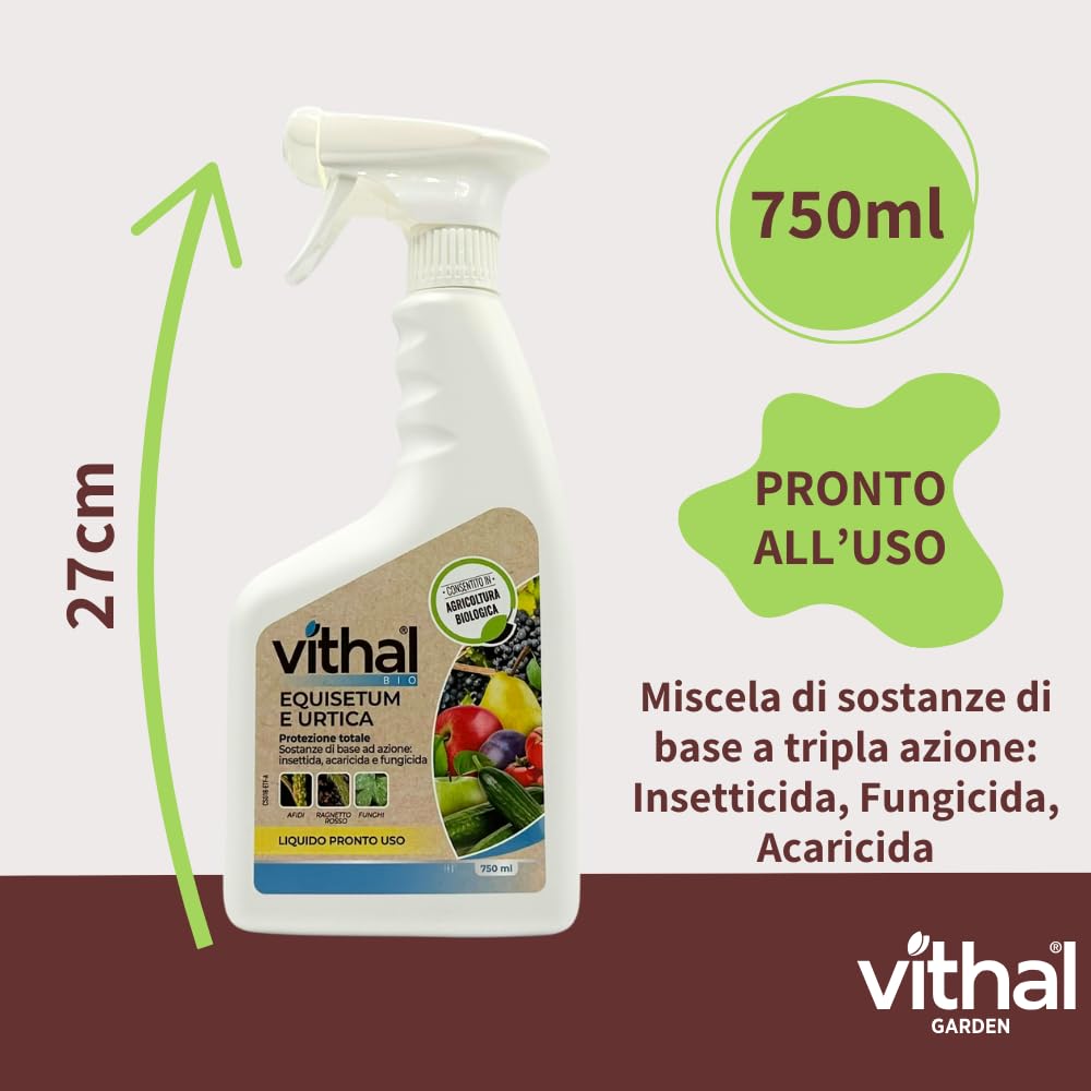VITHAL Protezione Totale Piante - a base di Equiseto e Ortica, Insetticida Fungicida Acaricida, 100% Naturale e Biologica, Contro Insetti e Funghi, ideale per Piante da Frutta, Vite e Ortaggi, 500ml