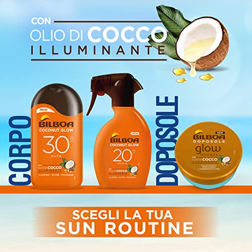 Bilboa, Latte Solare Coconut Glow SPF 20, Crema Solare con Olio di Cocco e Vitamina E, Leggera sulla Pelle, Protezione Solare Resistente all'Acqua, 200 ml