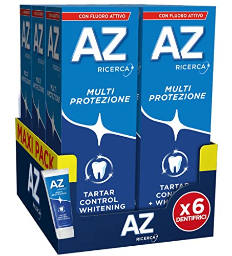 Dentifricio AZ Multi Protezione Tartaro Control, con Azione Sbiancante, Previene il Tataro, Extra Freschezza, Rimuove le macchie superficiali, Maxi Formato da 6 Confezioni X 75ml