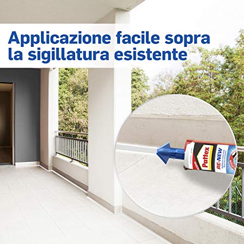 Pattex RE-NEW Bianco, Silicone Sigillante Bianco per Rinnovare le Sigillature ed Eliminare la Muffa, Tripla Azione Antimuffa, Rinnova Fughe e Piastrelle, Autolisciante