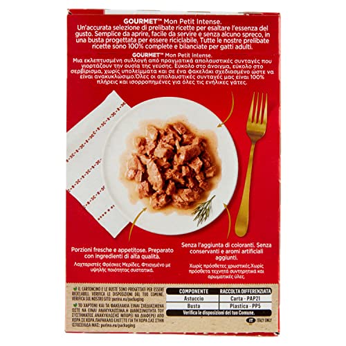 GOURMET Mon Petit Intense Cibo Umido per Gatti Adulti Filettini in salsa con Anatra, Pollo e Tacchino 6 Buste da 50g