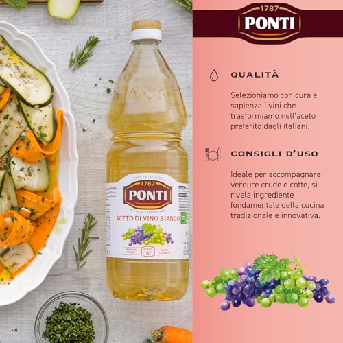 Ponti, Aceto di Vino Classico Bianco, Realizzato con Vini Selezionati, Ideale per Accompagnare Verdure Crude e Cotte, Acidità 6%, 100% Made in Italy, 12 Bottiglie in PET da 1L