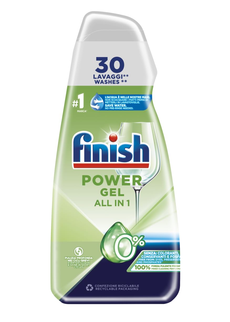 Finish Powergel Detersivo Lavastoviglie 0%, Gel Lavastoviglie, 30 Lavaggi di Liquido Lavastoviglie contro lo Sporco Ostinato