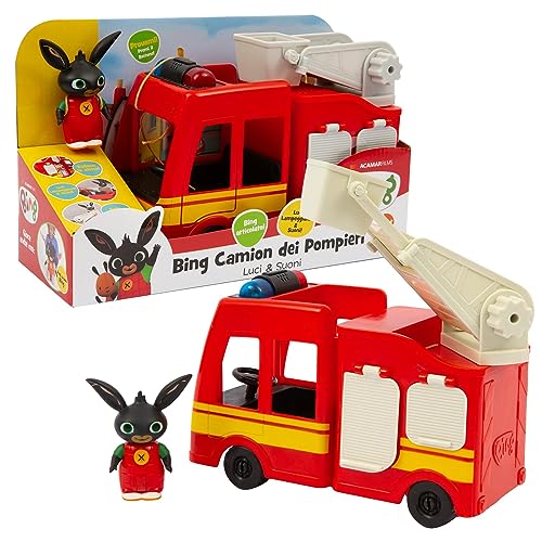 Giochi Preziosi Bing Camion Pompieri Giocattolo, con Luci Lampeggianti e Suoni, Scala Estensibile e Porte Apribili, Giochi Bambini 18 Mesi +, Comprende Personaggio Bing Articolato