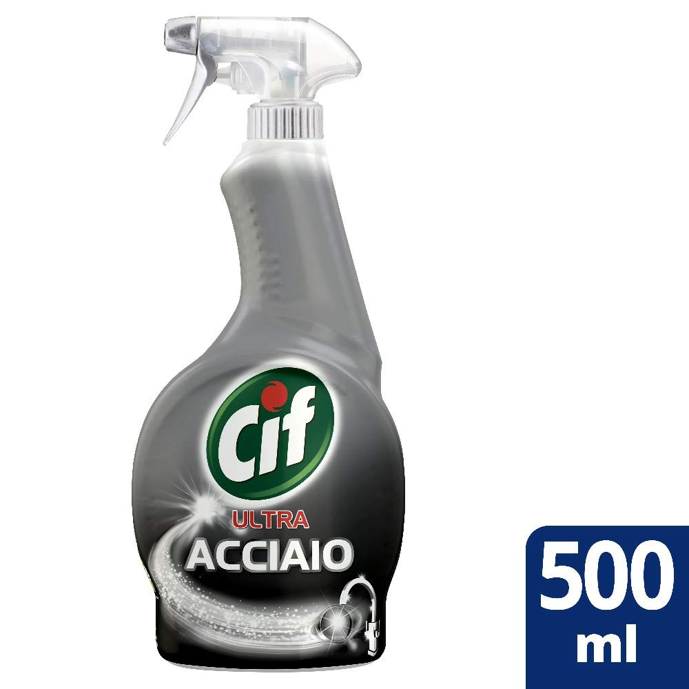 Cif Ultra Acciaio, Sgrassatore Cucina e Bagno, Formato 500 ml, Con Agenti Lucidanti, Non Lascia Aloni, Ideale su Calcare, Macchie d'Acqua e Unto
