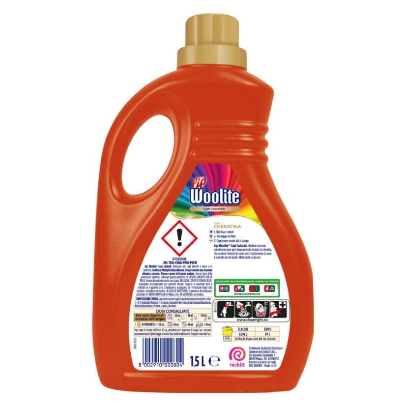 Lip Woolite Detersivo Lavatrice Capi Colorati 25 Lavaggi, 4 confezioni da 1500 ml di Detersivo Lavatrice Liquido Capi Colorati con Cheratina
