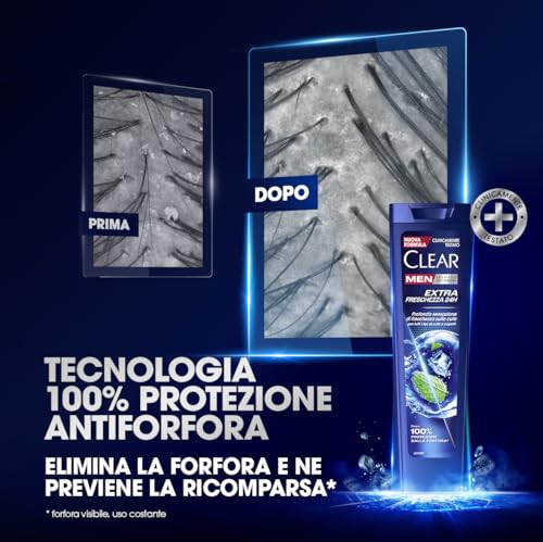 Clear Shampoo Extra Freschezza 24h, Shampoo Antiforfora con Niacinamide e Mentolo, Dona una Sensazione di Freschezza, Shampoo Uomo, Fino a 100% Protezione dalla Forfora*, Formato 225ml