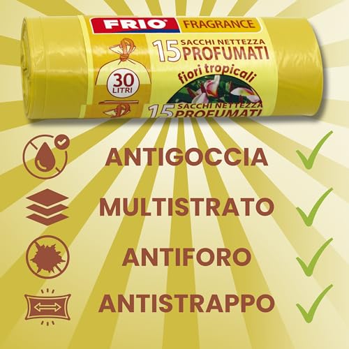 FRIO - Sacchetti spazzatura PROFUMATI 30 Litri - 52x58cm - Confezione da 15 Sacchetti per la Spazzatura di Qualità Premium, extra resistenti