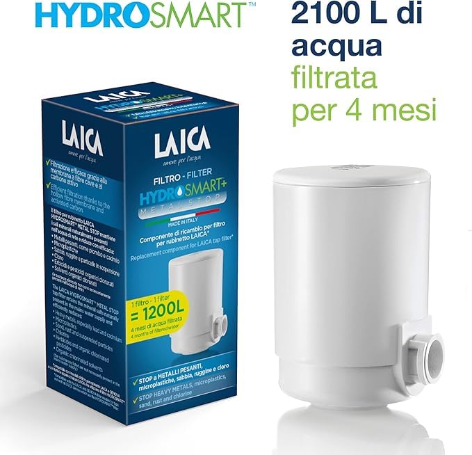 LAICA Cartuccia Filtro Acqua di Ricambio HYDROSMART+™ Metal Stop - Compatibile con Filtro Rubinetto LAICA e Filtro Rubinetto Genova - 4 Mesi di Acqua Filtrata, Riduce Metalli Pesanti e Cloro