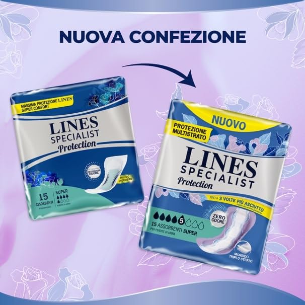 Lines Specialist Protection Super, Assorbenti per Incontinenza Donna, Tecnologia Zero Odore e Protezione Multistrato, Minimo Ingombro, Scorta Mensile, 4 Confezioni da 15 Unità