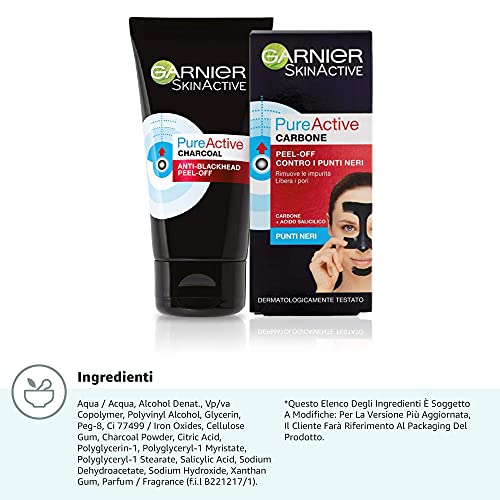 Garnier Maschera Peel-Off Pure Active Charcoal, Gel Detergente Arricchito con Carbone e Acido Salicidico, per La Zona T, Anti Imperfezioni e Punti Neri, 50ml