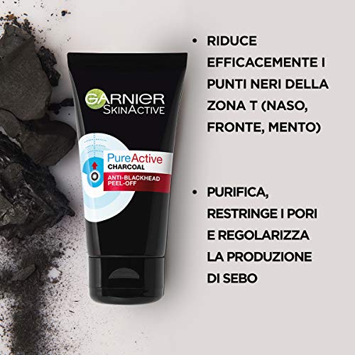 Garnier Maschera Peel-Off Pure Active Charcoal, Gel Detergente Arricchito con Carbone e Acido Salicidico, per La Zona T, Anti Imperfezioni e Punti Neri, 50ml