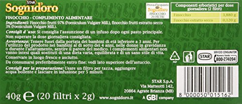 Sognid'Oro - Infuso Finocchio, Riduce il Gonfiore Addominale - 4 confezioni da 20 filtri [80 filtri, 160 g]