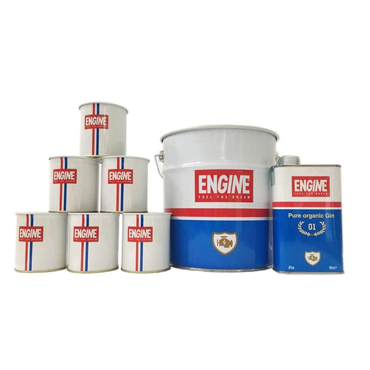 GIN ENGINE PACK, nr.1 latta Engine cl.50 + nr.6 Bicchieri in metallo + nr.1 Ice Bucket in metallo,il gin delle Langhe,"Pure Organic Gin",il gin artigianale 100% italiano e biologico,il Gin in Tanica