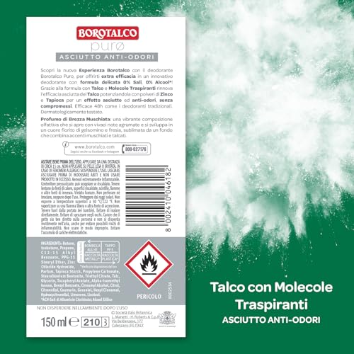 Borotalco, Deodorante Spray Puro Brezza Muschiata, con Talco con Molecole Traspiranti, Senza Alcool e Sali di Alluminio, Asciutto Anti-Odori, 48h di Efficacia, Profumo Muschiato - 1 Flacone da 150 ml
