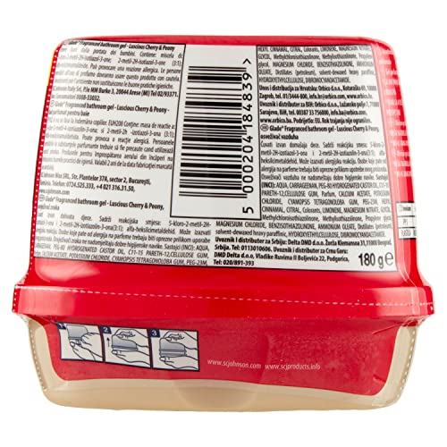Glade Gel per il Bagno, Profumatore per Ambienti, Fragranza Luscious Cherry & Peony, Fino a 45 Giorni di Controllo degli Odori, 1 Confezione da 180 g