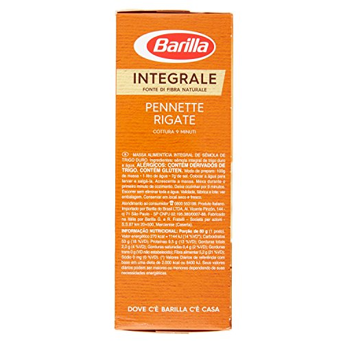 Barilla Pasta Integrale Pennette Rigate Semola Integrale di Grano Duro, 500 gr