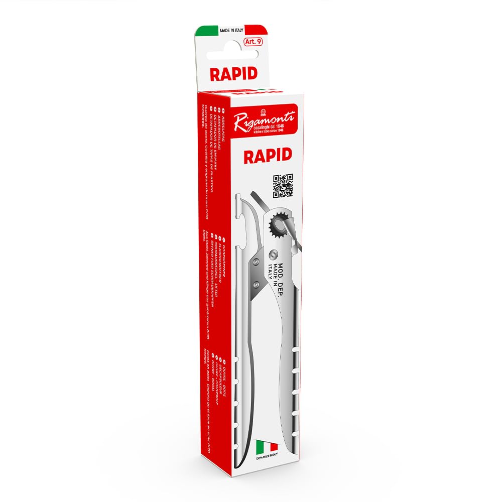 Rigamonti Apriscatole Rapid 4 funzioni. Apriscatole manuale pper barattoli e lattine in metallo in modo facile e veloce. Apriscatole e apribottiglie. Per uso professionale e casalingo.