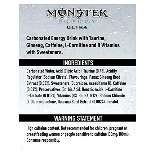 Monster - Energy Ultra - Energy Drink - 12 confezioni - 500 ml per confezione - Booster energetico - Meno dolce - Pií¹ leggero nel gusto - Senza calorie - Alta caffeina
