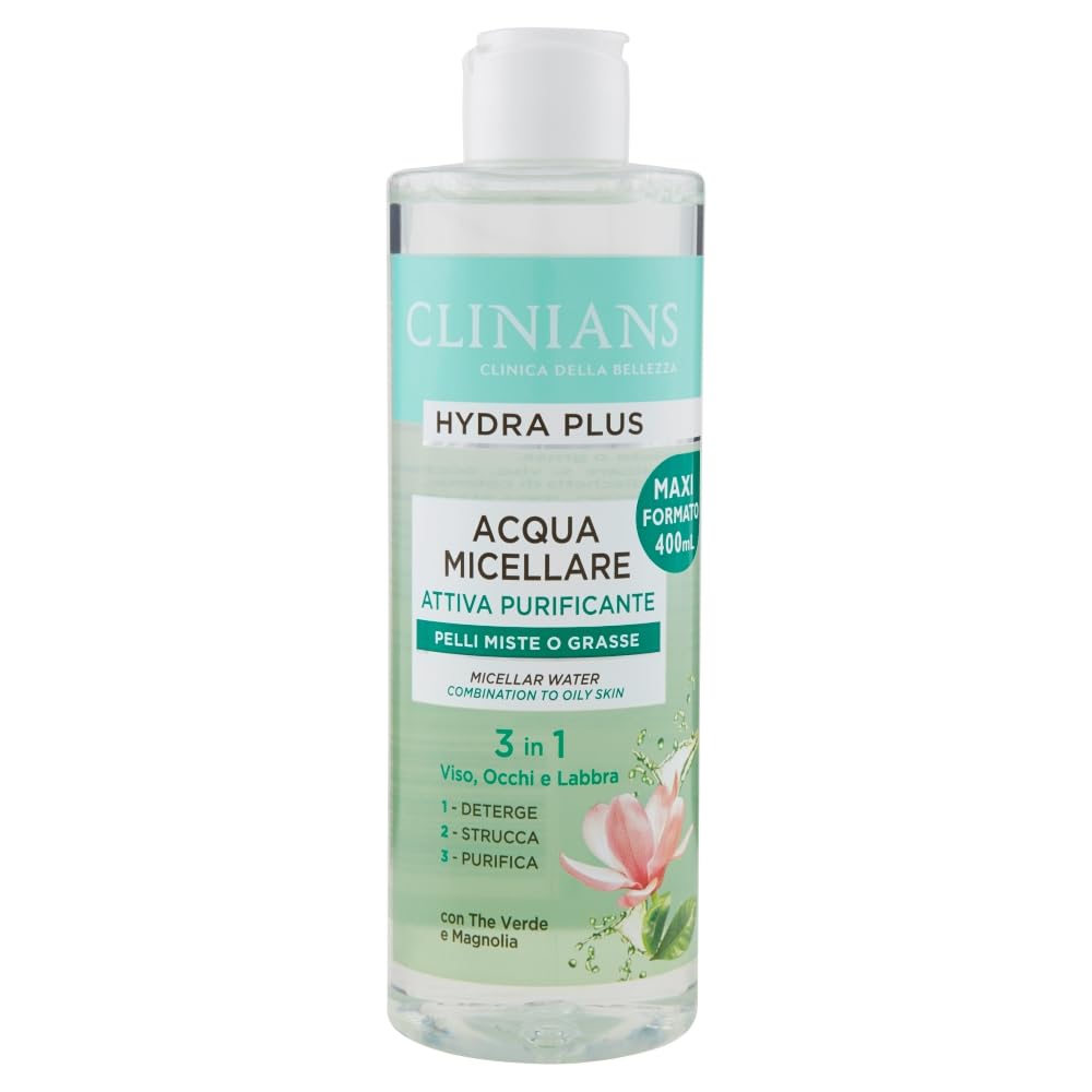 CLINIANS | Acqua Micellare Rimozione Trucco Purificante Hydra Plus Active, Dermatologicamente Testato, Deterge Delicatamente, Made in Italy, 400 ml